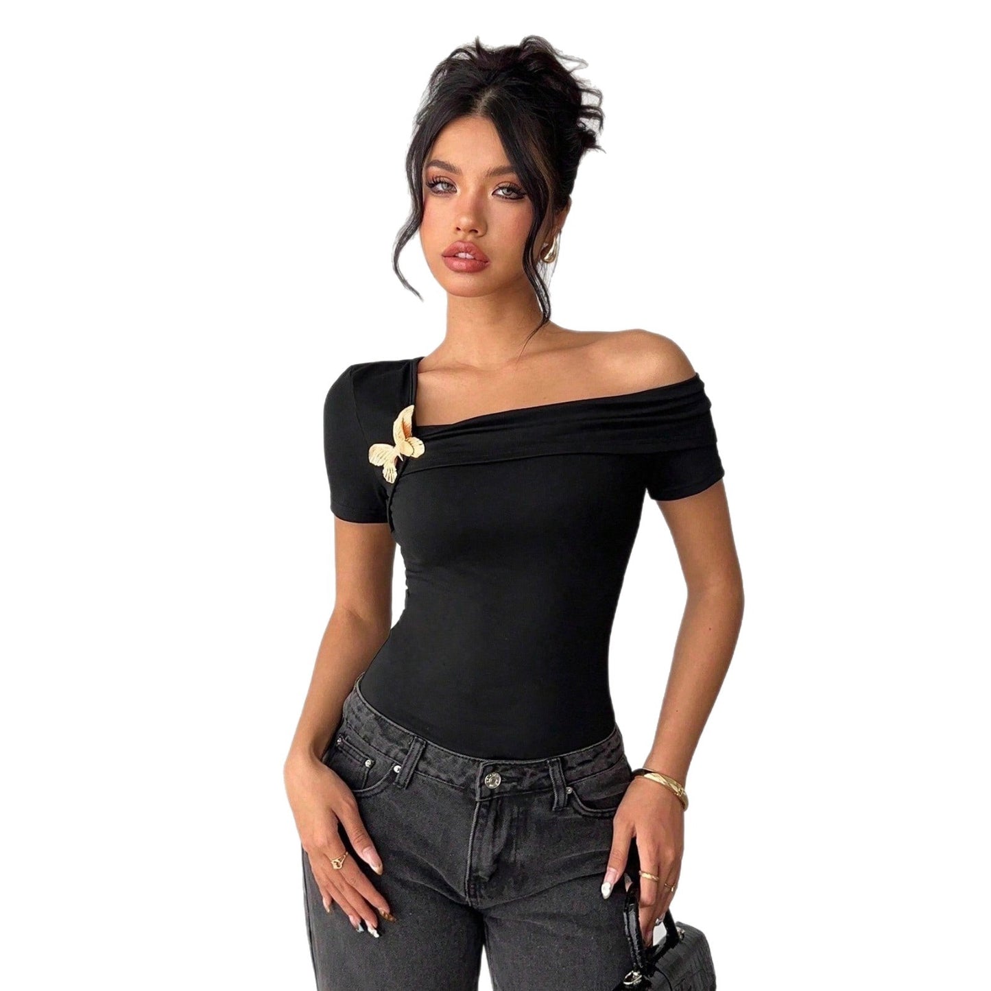 Top elegant minimalist, de culoare uni, pentru femei, cu umăr gol