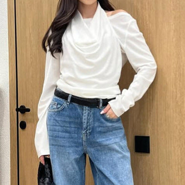 Tricou elegant cu mânecă lungă, alb, cu guler, pentru femei