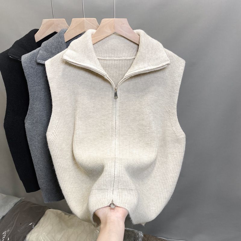 Vestă tricotată cu fermoar, lejeră, de culoare uni, casual, pentru purtare în straturi