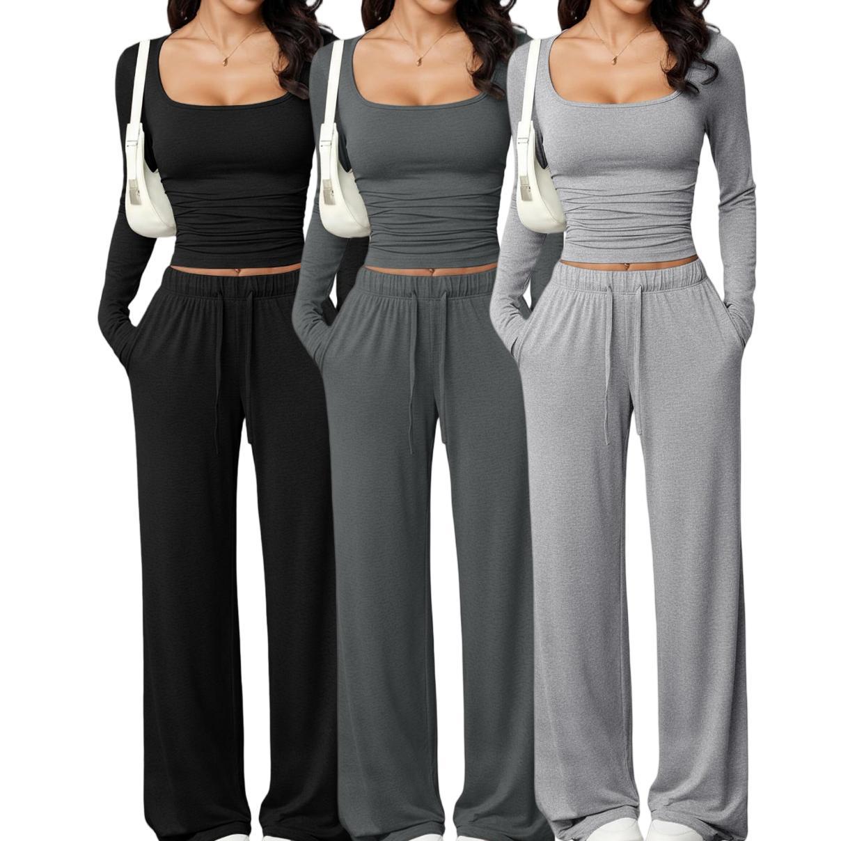 Set pantaloni casual pentru femei și top scurt cu mânecă lungă și guler pătrat.