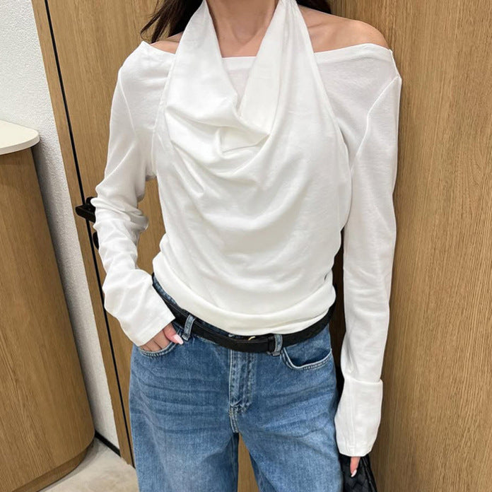 Tricou elegant cu mânecă lungă, alb, cu guler, pentru femei