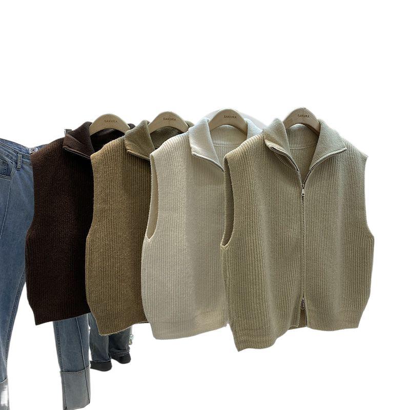 Vestă tricotată cu fermoar, lejeră, de culoare uni, casual, pentru purtare în straturi