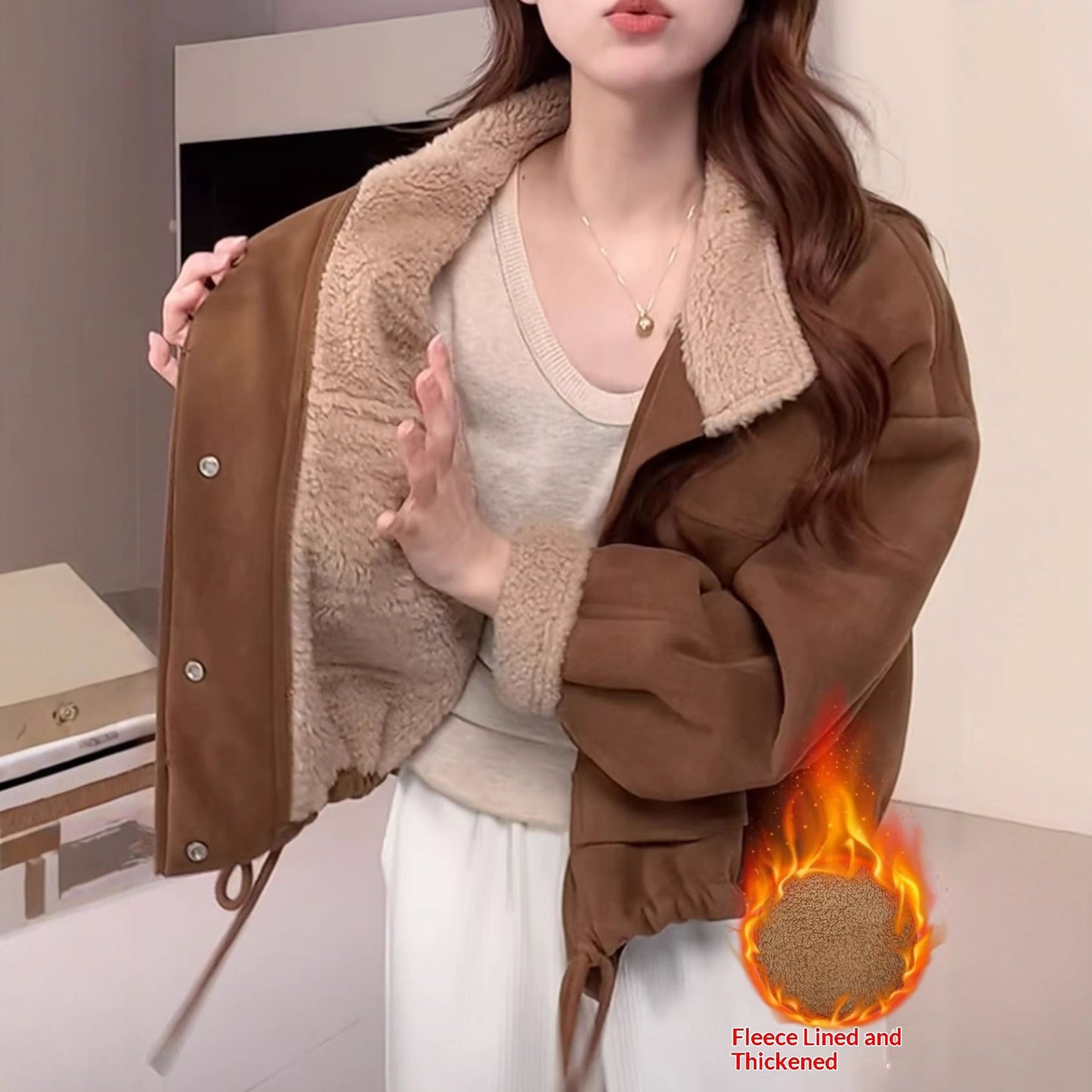 Jachetă scurtă din lână de miel pentru femei, căptușită, din piele întoarsă, maro, bumbac