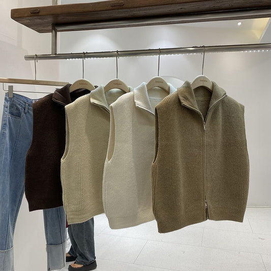 Vestă tricotată cu fermoar, lejeră, de culoare uni, casual, pentru purtare în straturi