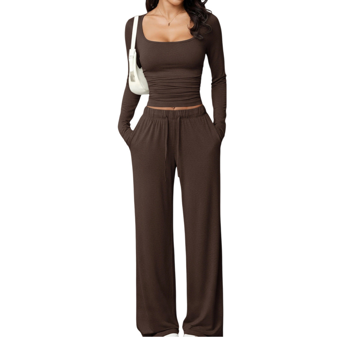 Set pantaloni casual pentru femei și top scurt cu mânecă lungă și guler pătrat.