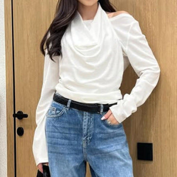 Tricou elegant cu mânecă lungă, alb, cu guler, pentru femei