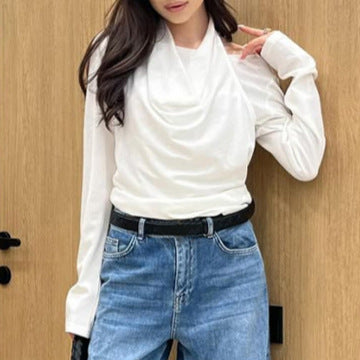 Tricou elegant cu mânecă lungă, alb, cu guler, pentru femei