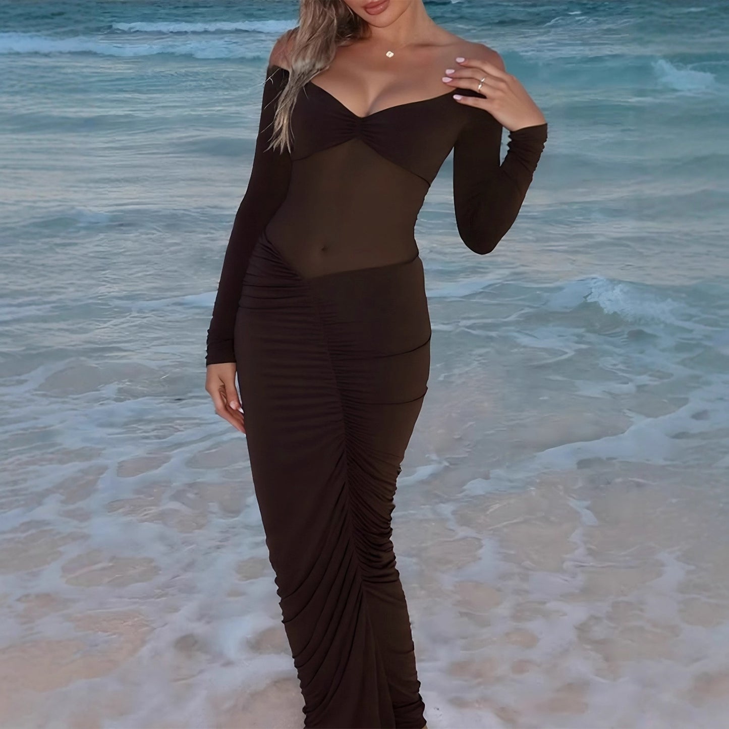 Rochie de seară plisată, fără cusături, cu mâneci lungi