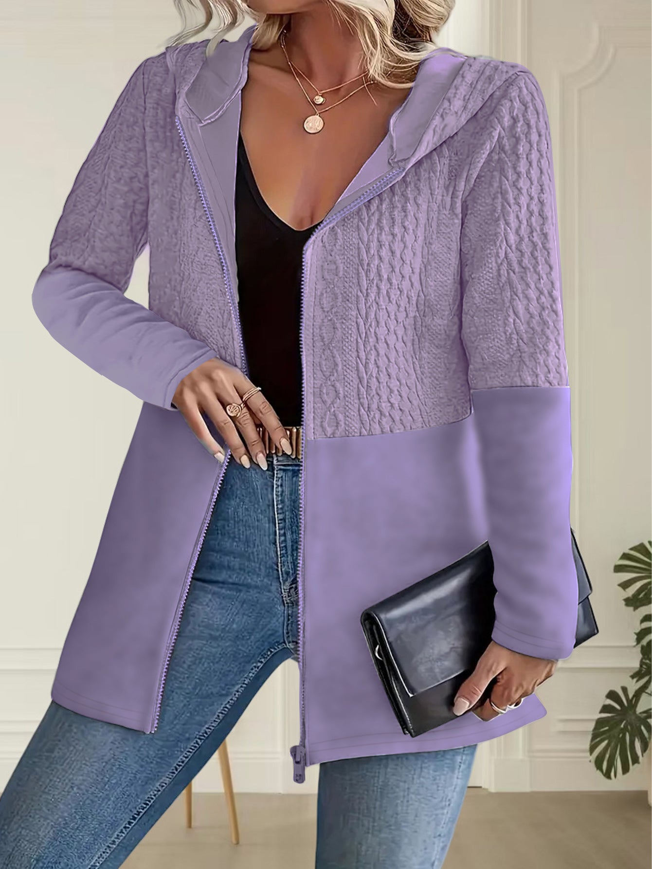 Jachetă cu glugă, stil toamnă-iarnă, cu imprimeu ondulat, stil casual