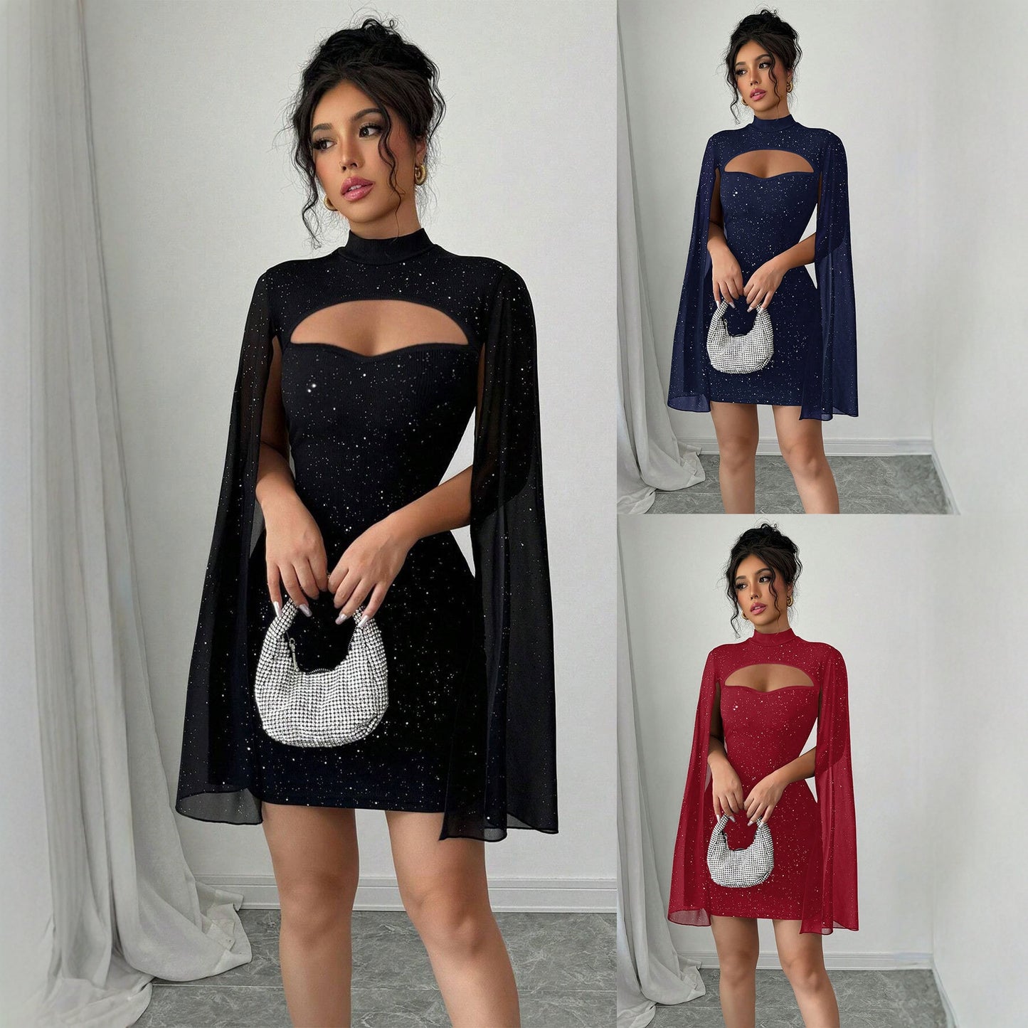 Rochie mulată din șifon cu perle și nervuri, cu guler rotund.