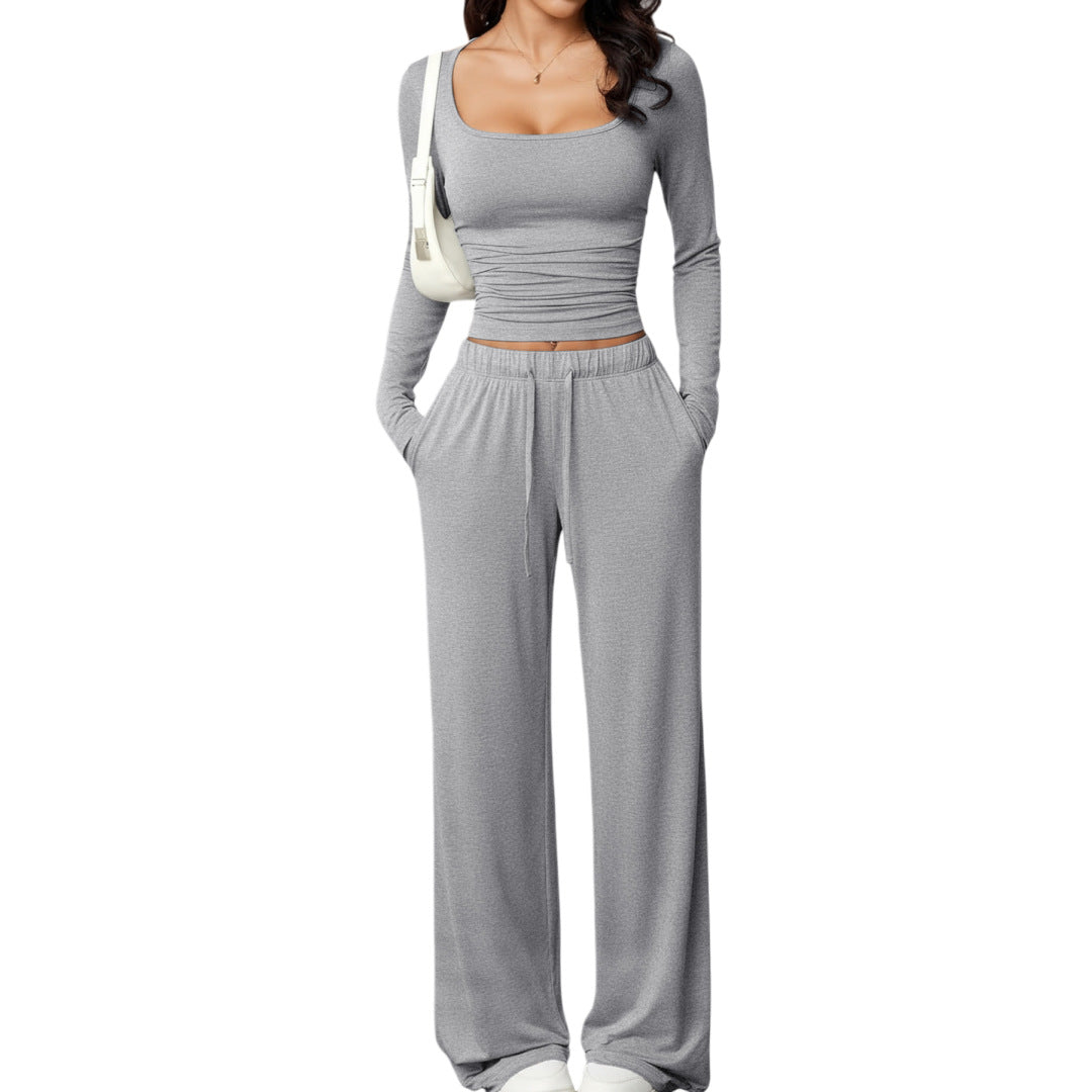 Set pantaloni casual pentru femei și top scurt cu mânecă lungă și guler pătrat.