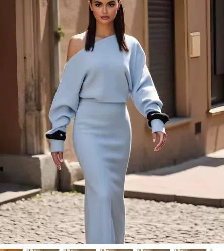 Rochie de seară sexy, mulată, cu mânecă lungă, tricotată, subțire, cu umeri goi