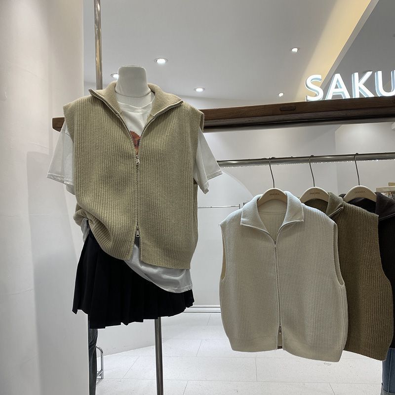 Vestă tricotată cu fermoar, lejeră, de culoare uni, casual, pentru purtare în straturi