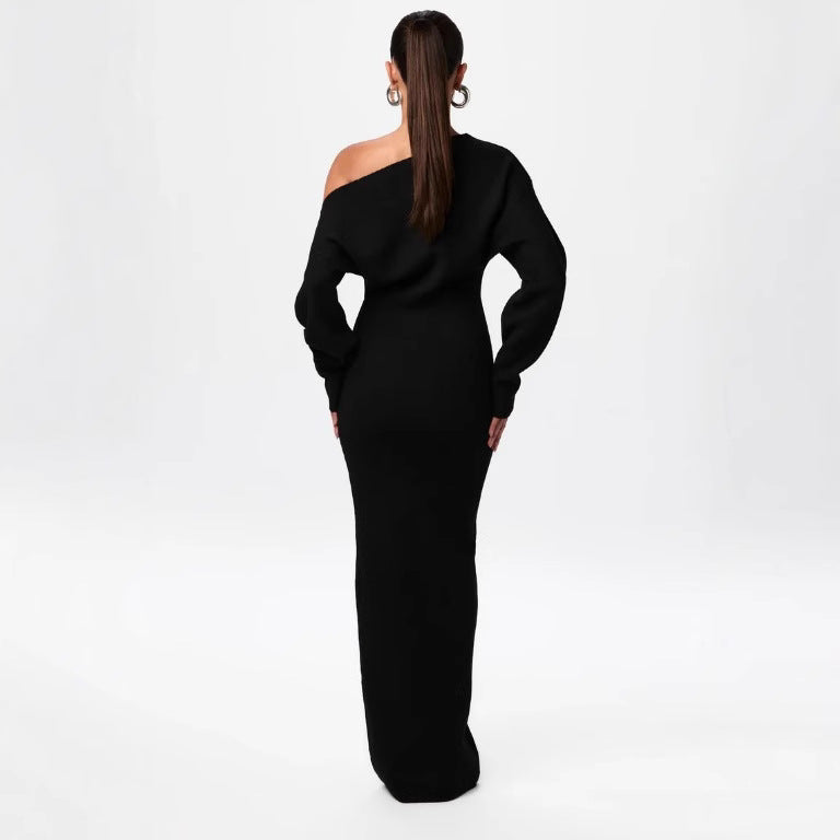 Rochie de seară sexy, mulată, cu mânecă lungă, tricotată, subțire, cu umeri goi