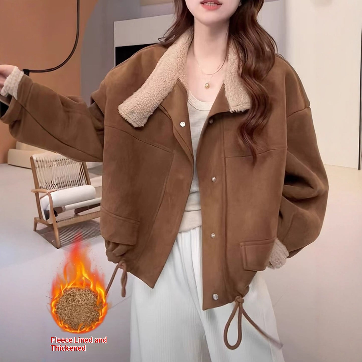 Jachetă scurtă din lână de miel pentru femei, căptușită, din piele întoarsă, maro, bumbac