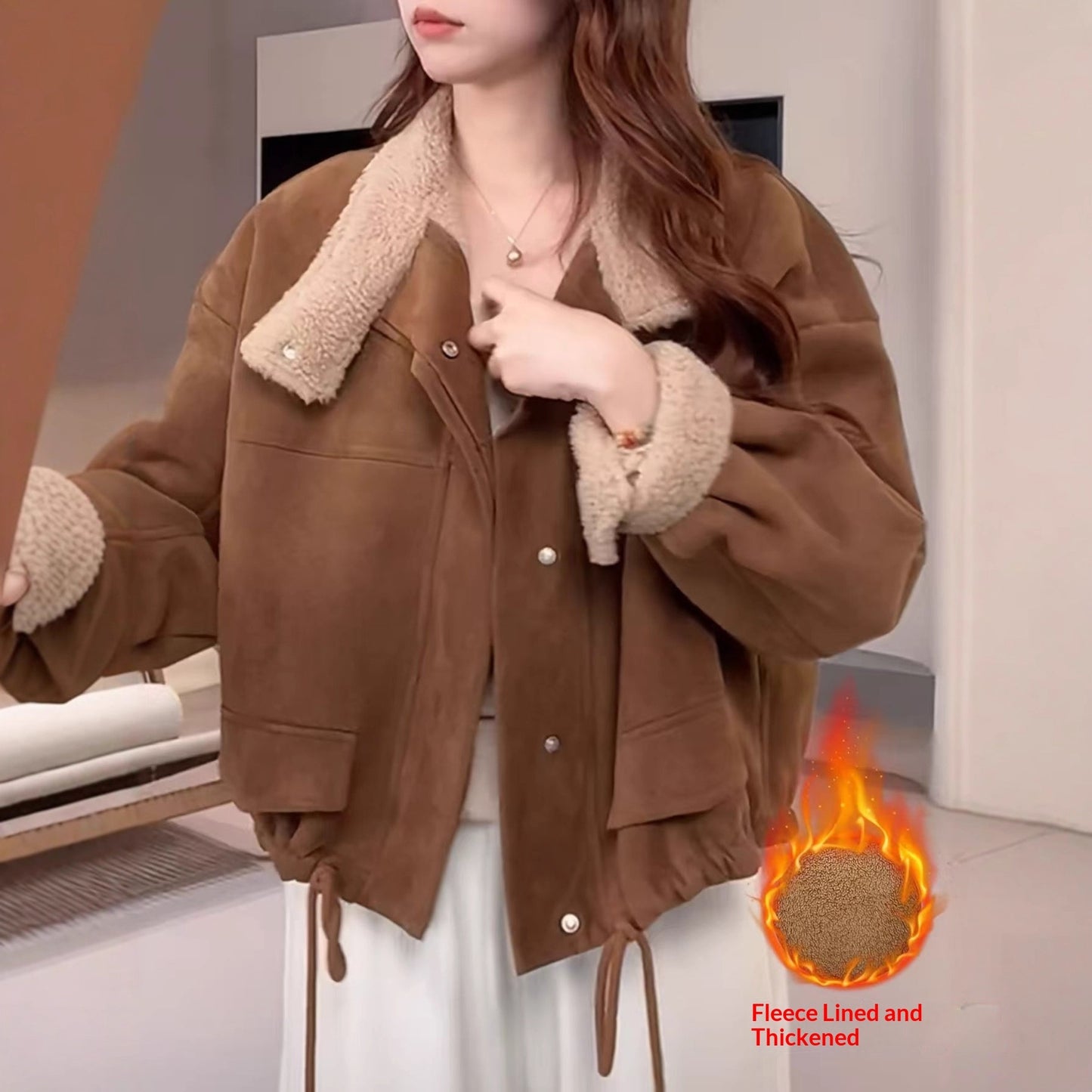 Jachetă scurtă din lână de miel pentru femei, căptușită, din piele întoarsă, maro, bumbac